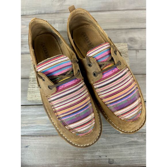 SHYANNE‎ Woven Stripe Brown Leather Slip On Moc Toe Casual Shoes size 11 - Picture 5 of 10